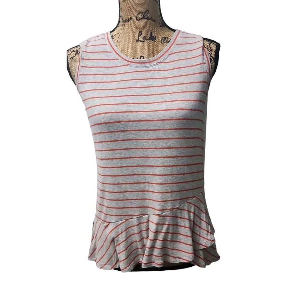 Cabi Striped Tank Top Ruffle Hem‎ Sleeveless Casual Gray Red XS